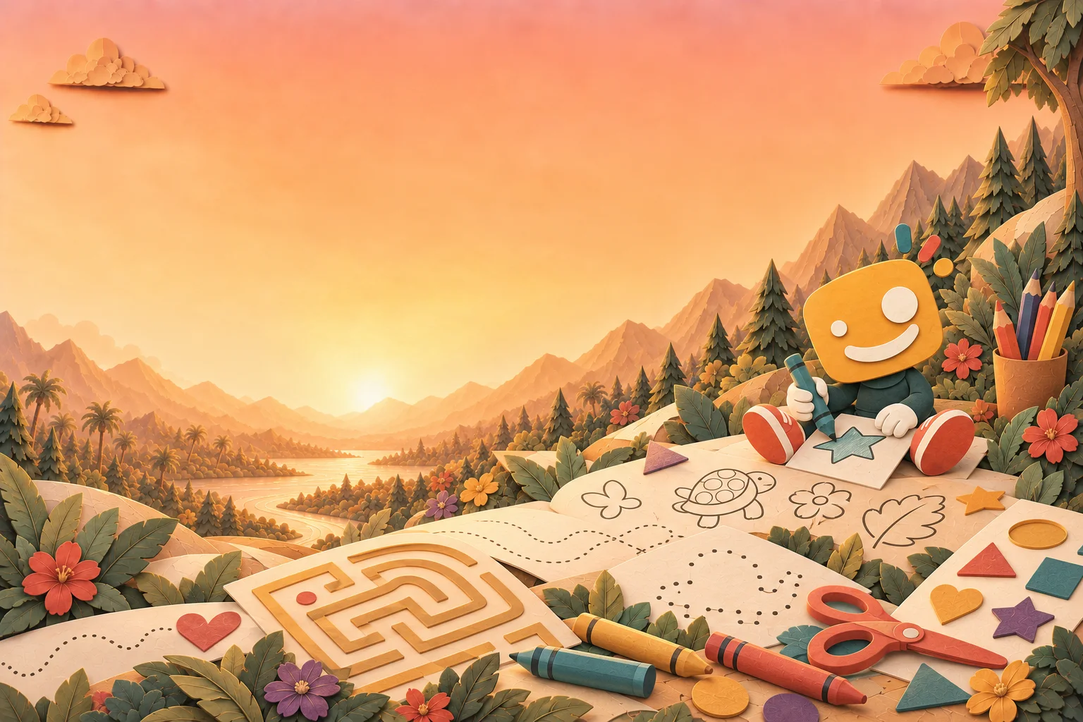 A paper-cut world filled with drawing, colouring and craft activities beside the Smiles Create character