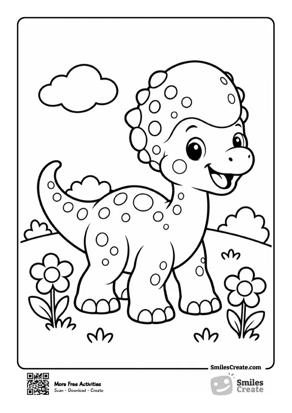Smiling baby dinosaur in a flower meadow