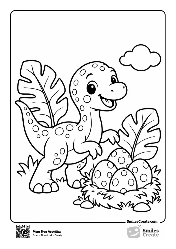Friendly dinosaur watching over a nest of eggs