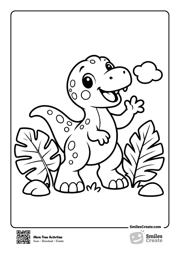 Happy dinosaur standing between tropical leaves