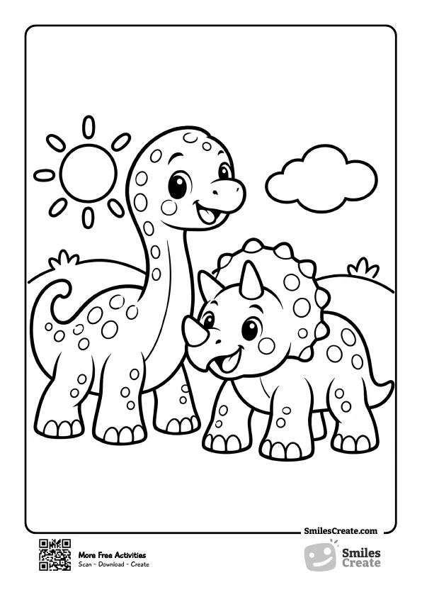 Long-neck dinosaur and baby triceratops together