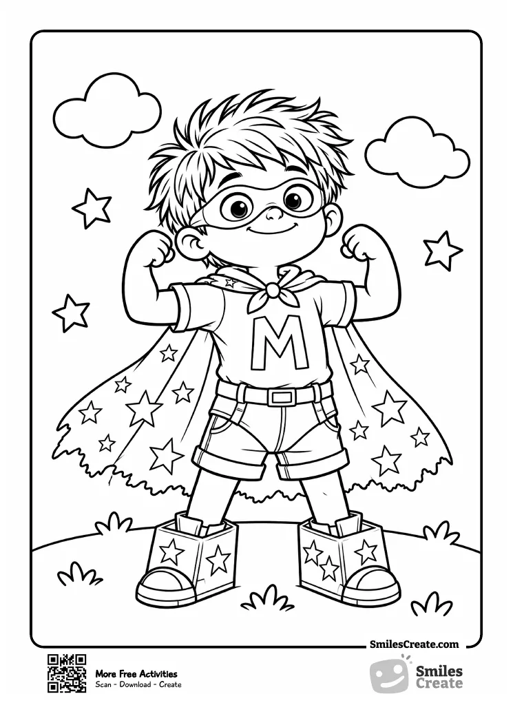 Max flexing his arms in his homemade superhero costume