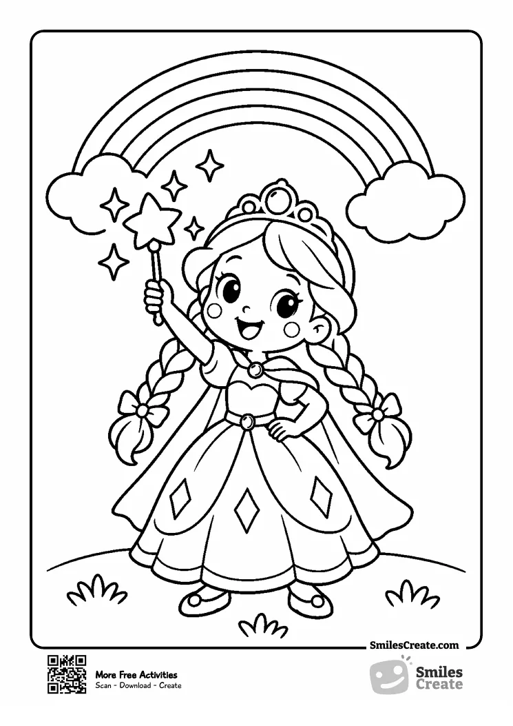 Princess holding a star wand beneath a rainbow