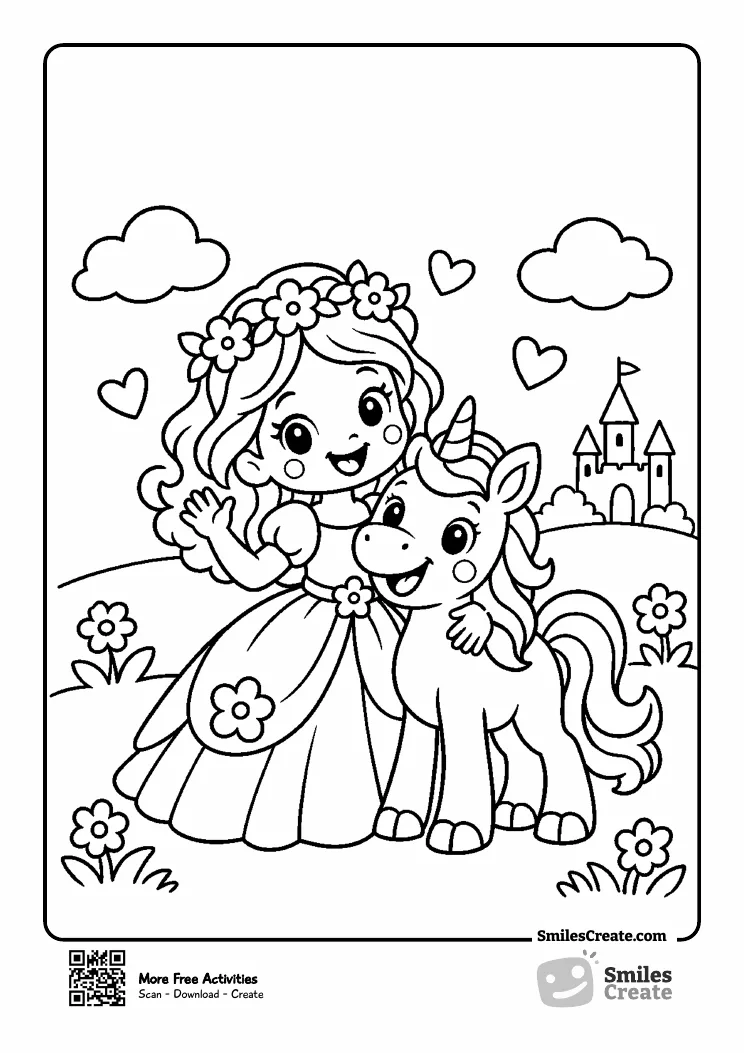 Princess standing with a friendly unicorn near a castle