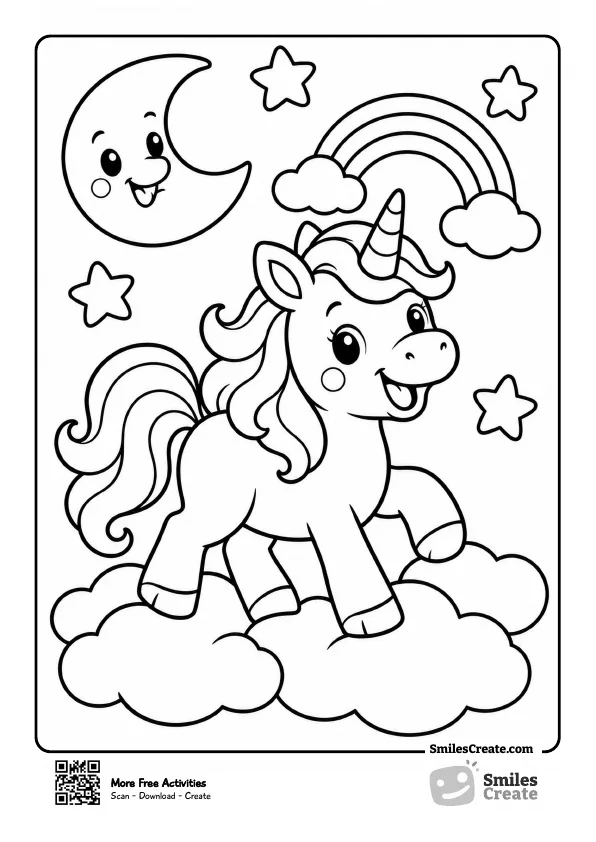 Magical unicorn standing on clouds beneath the moon