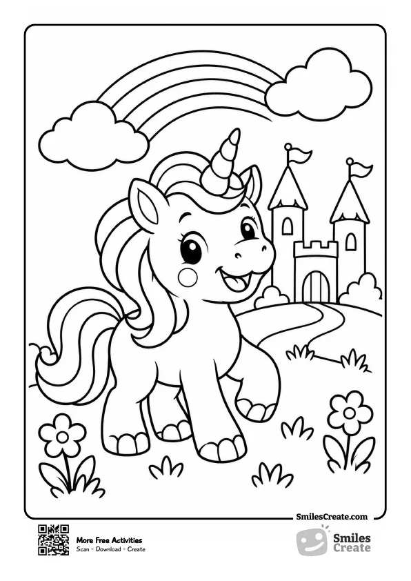 Happy unicorn beside flowers and a distant castle