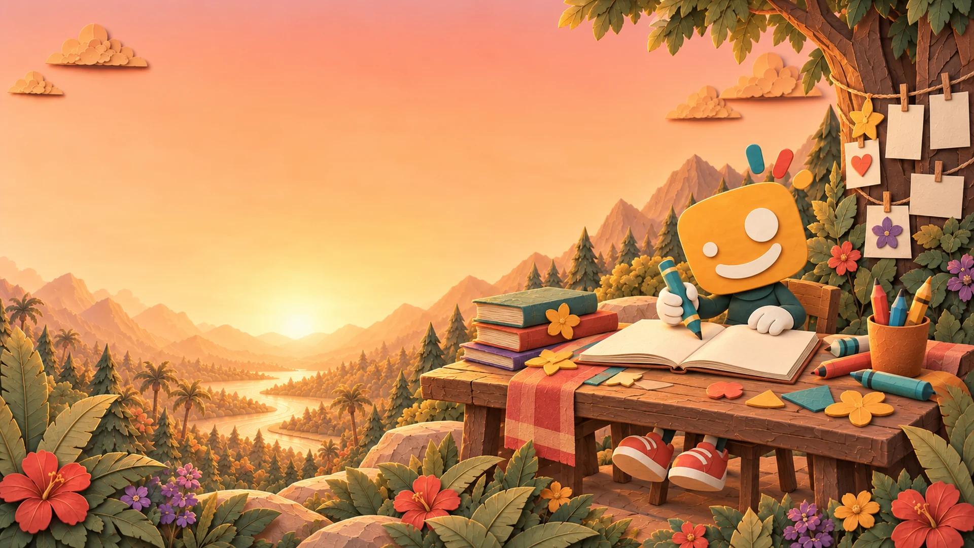The Smiles Create mascot writing in a book at an outdoor desk in a warm paper-cut landscape