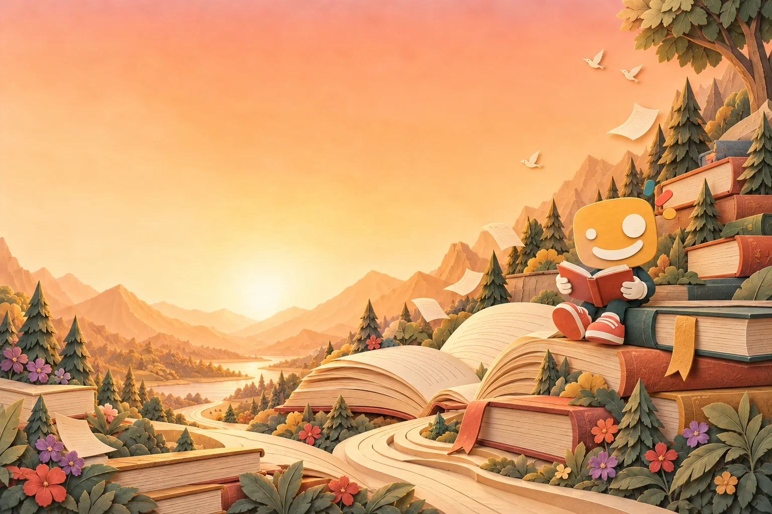 A warm paper-cut landscape of open books, story pages and the Smiles Create character reading