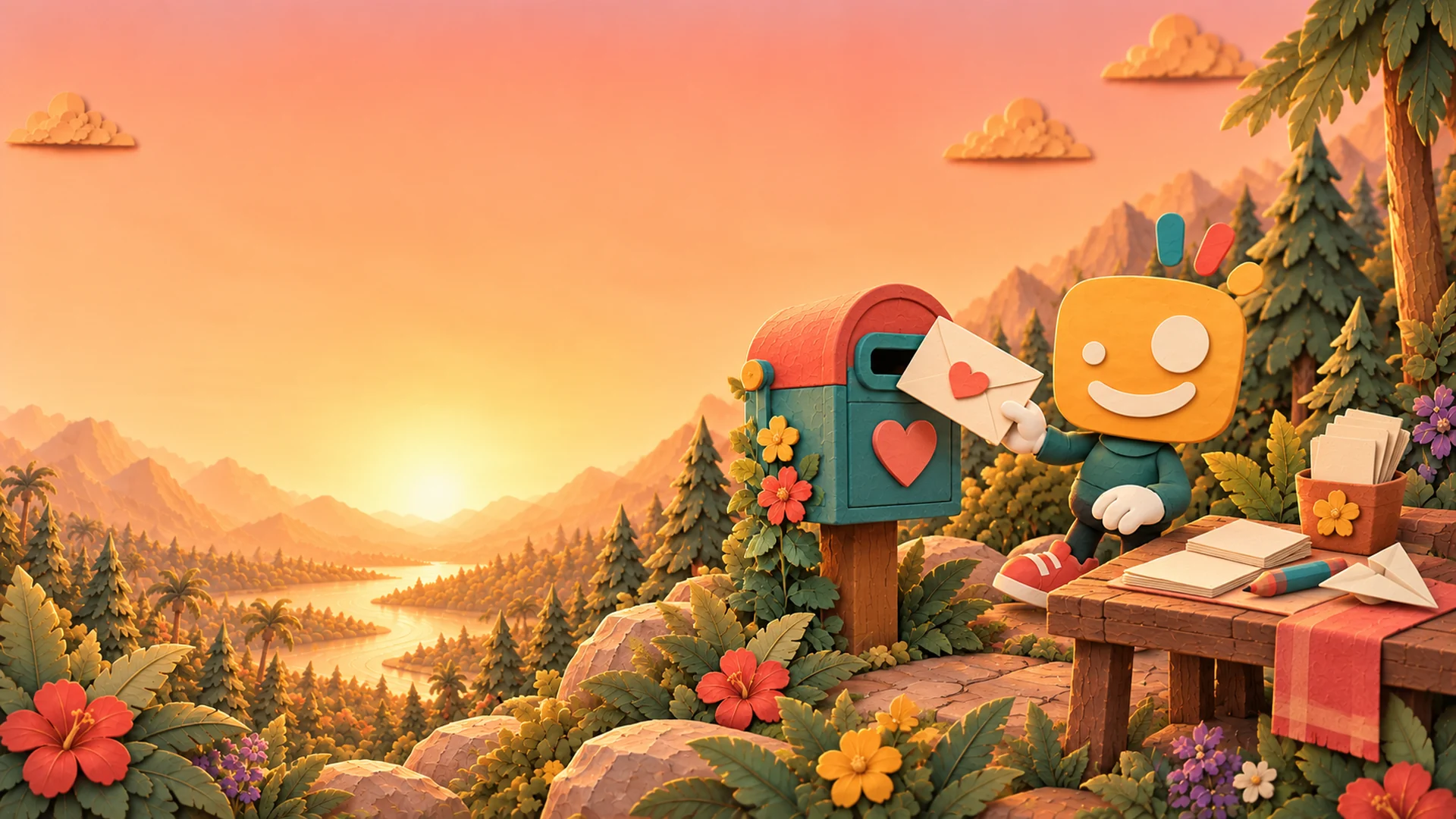 The Smiles Create mascot posting a letter beside a flower-covered mailbox in a warm paper-cut landscape