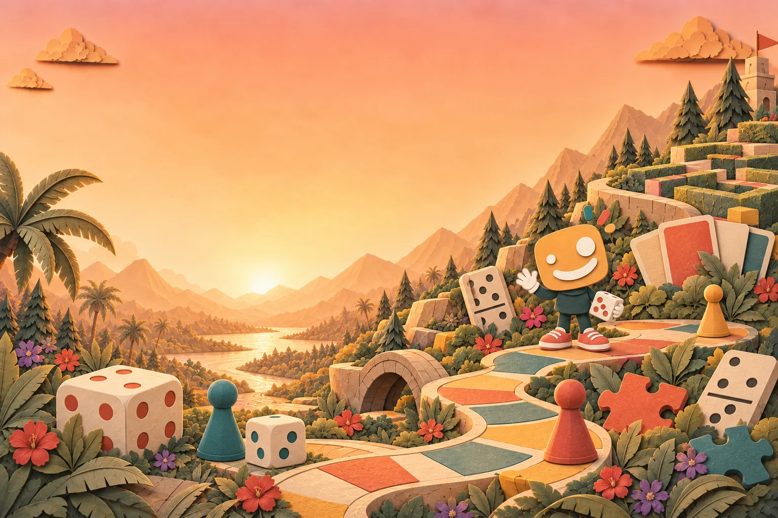 A paper-cut board-game landscape with dice, counters, cards and the Smiles Create character