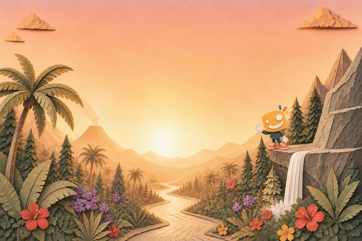 A warm paper-cut landscape filled with mountains, trees and flowers, with the Smiles Create character waving beside a waterfall